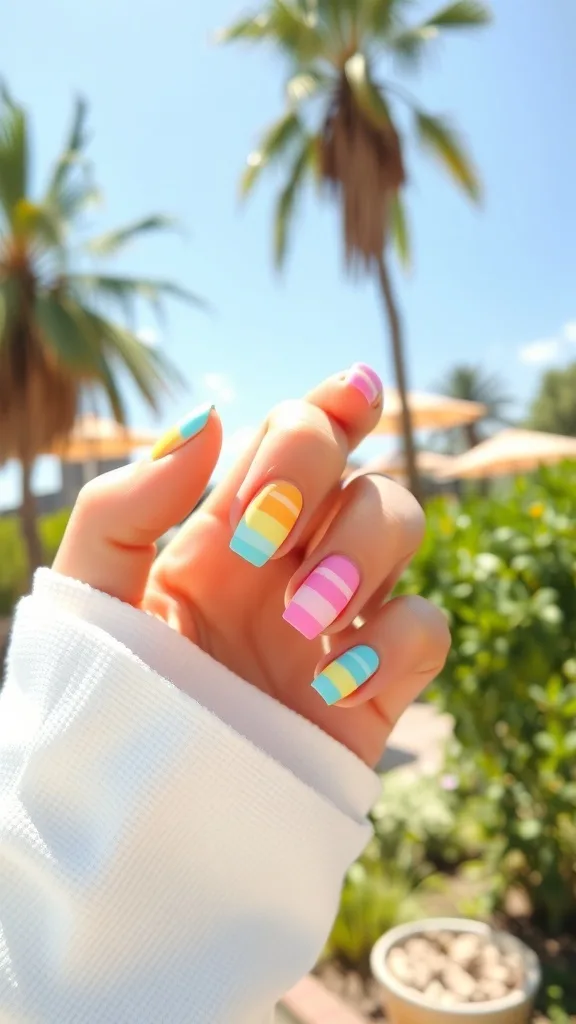 A hand showing pastel rainbow nails with stripes in pink, blue, yellow, and green.