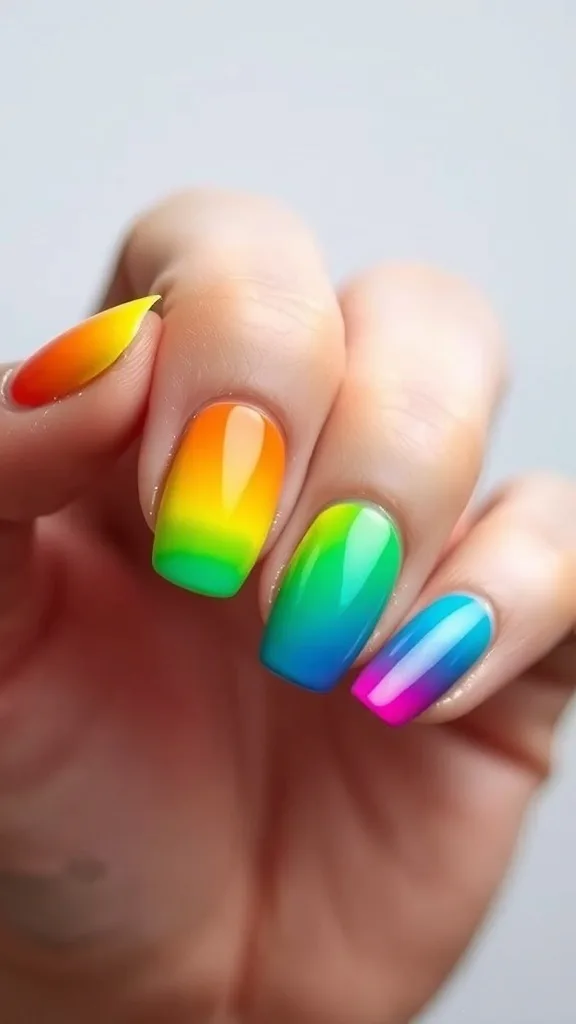 Colorful rainbow ombre nails with a gradient effect